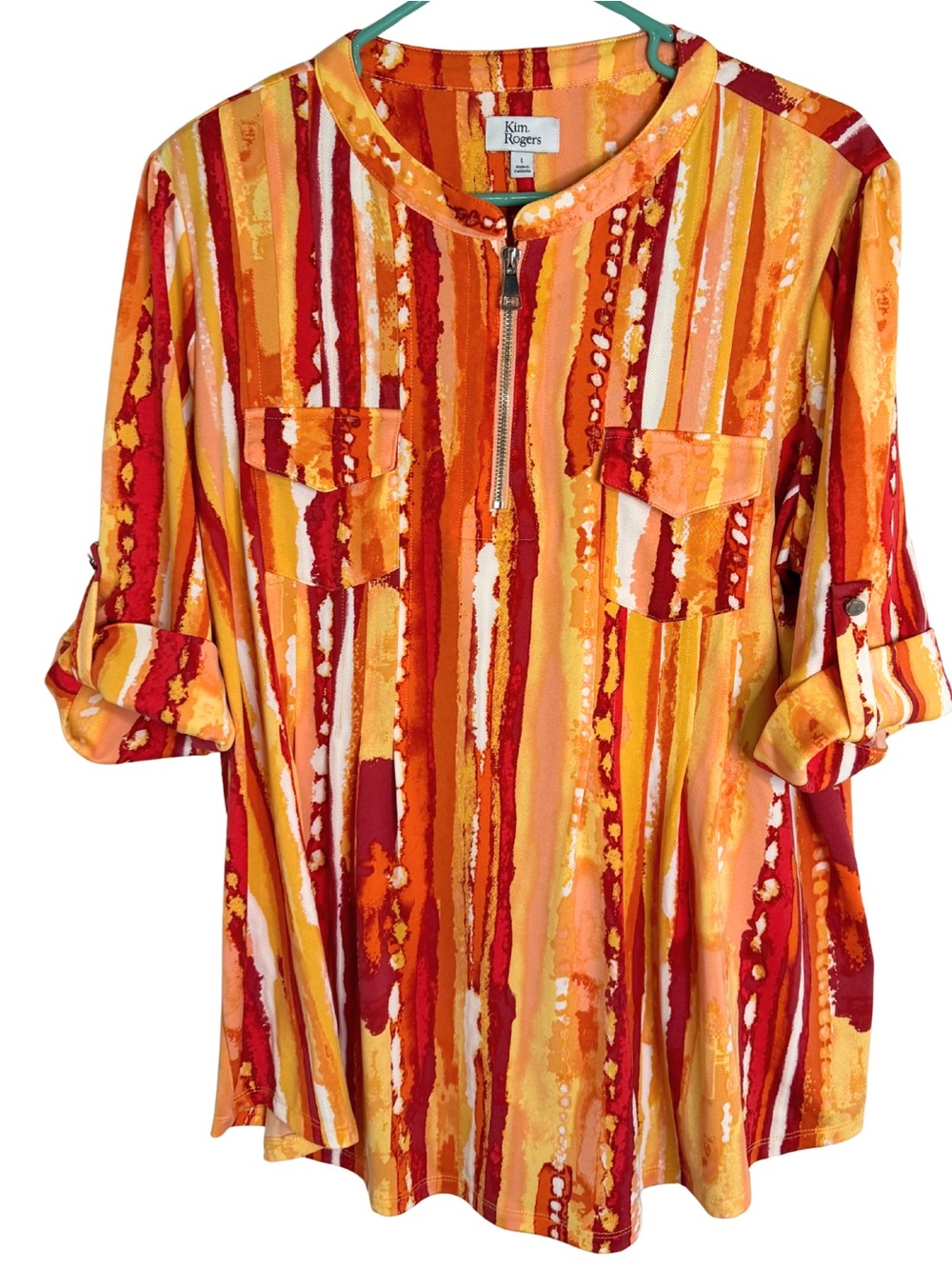 3/$20 Kim Rogers Red Orange Yellow Striped Elbow Sleeve Blouse Size Large